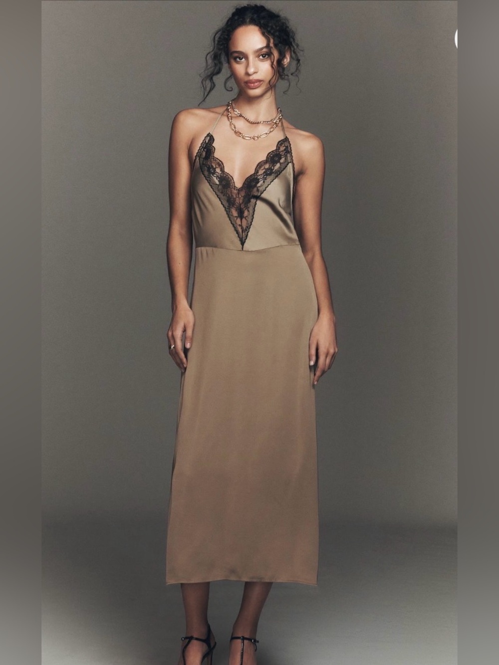 Anthropologie Olive Slip Dress with Black Lace Trim